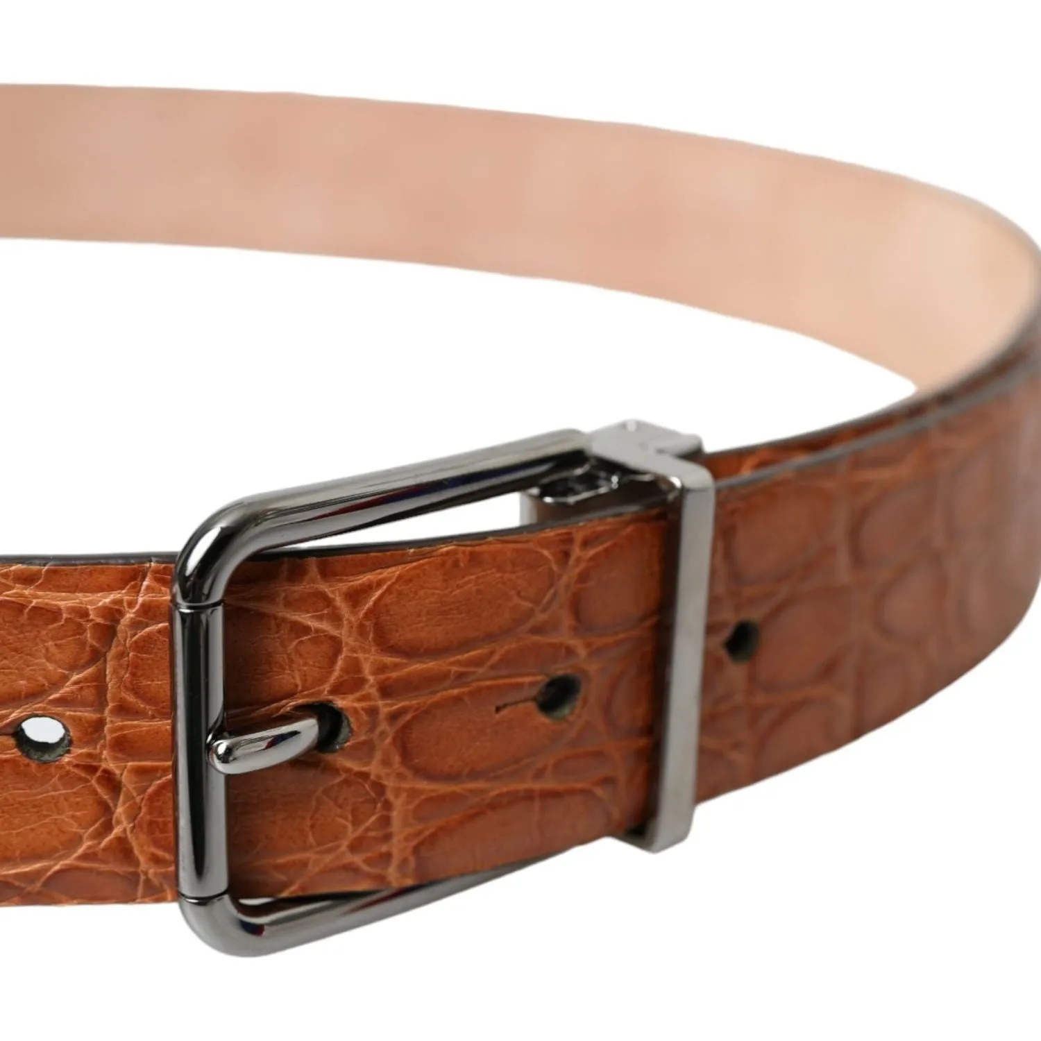 Dolce & Gabbana Brown Exotic Leather Silver Metal Buckle Belt