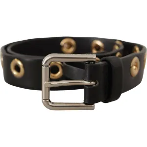 Dolce & Gabbana Chic Black Leather Belt with Engraved Buckle