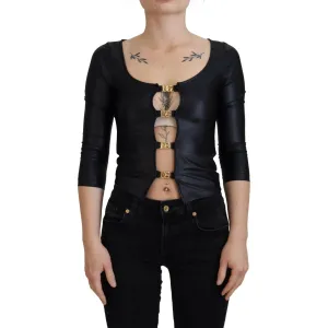 Dolce & Gabbana Elegant Black 3/4 Sleeve Top with Gold Detailing