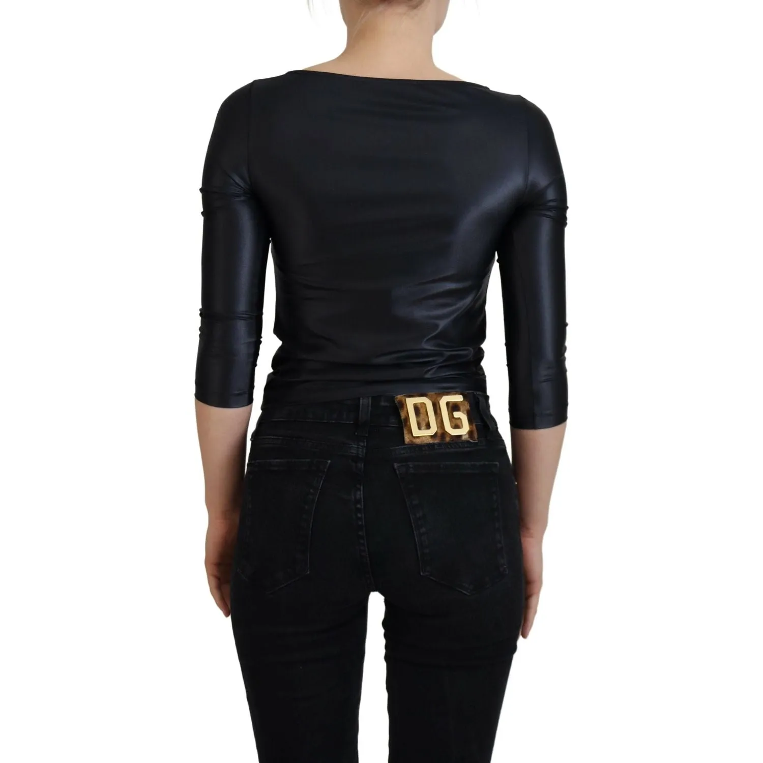 Dolce & Gabbana Elegant Black 3/4 Sleeve Top with Gold Detailing