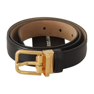 Dolce & Gabbana Elegant Black Leather Belt with Engraved Metal Buckle