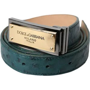 Dolce & Gabbana Green Leather Gold Logo Engraved Buckle Belt