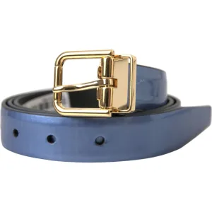 Dolce & Gabbana Metallic Blue Leather Gold Metal Buckle Belt