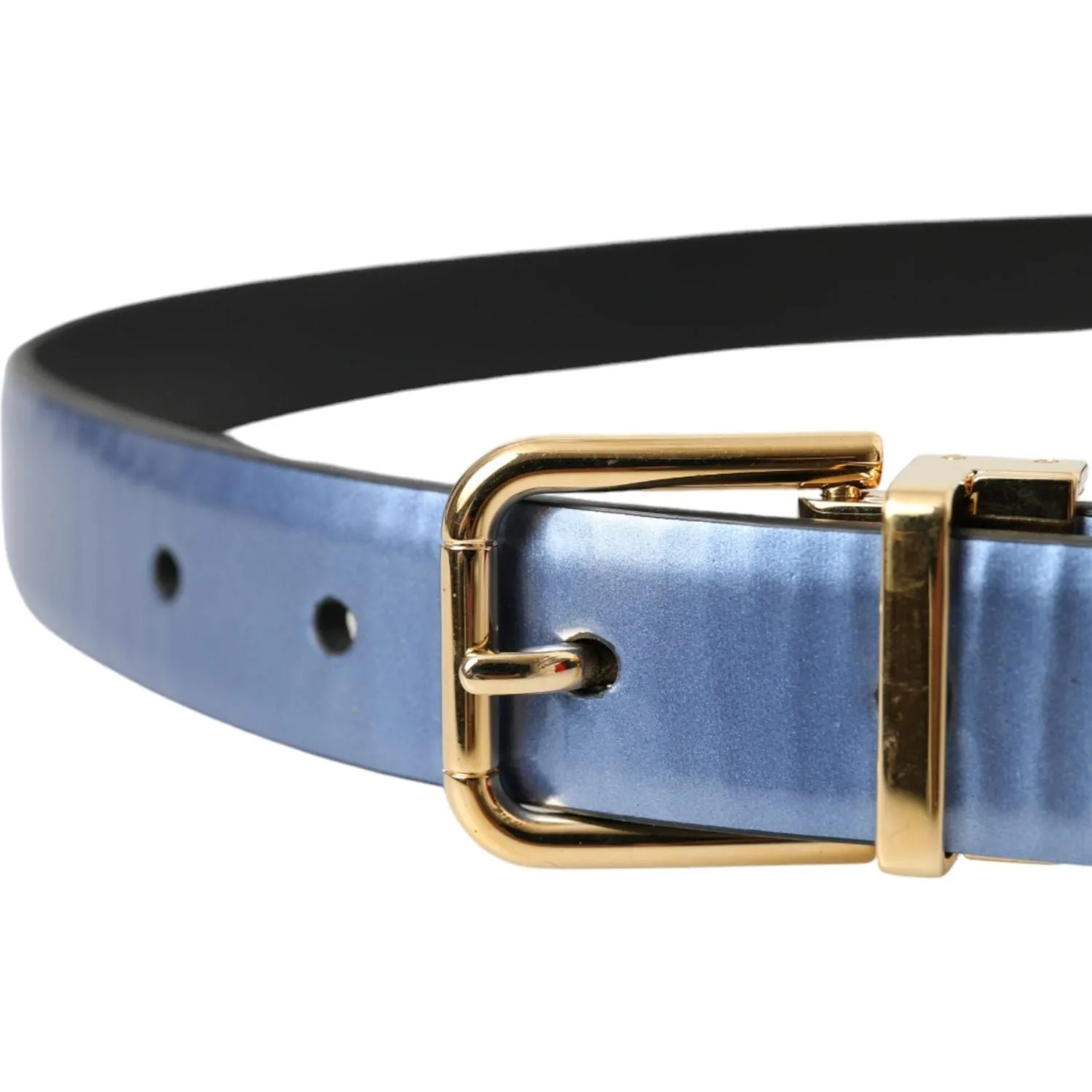 Dolce & Gabbana Metallic Blue Leather Gold Metal Buckle Belt