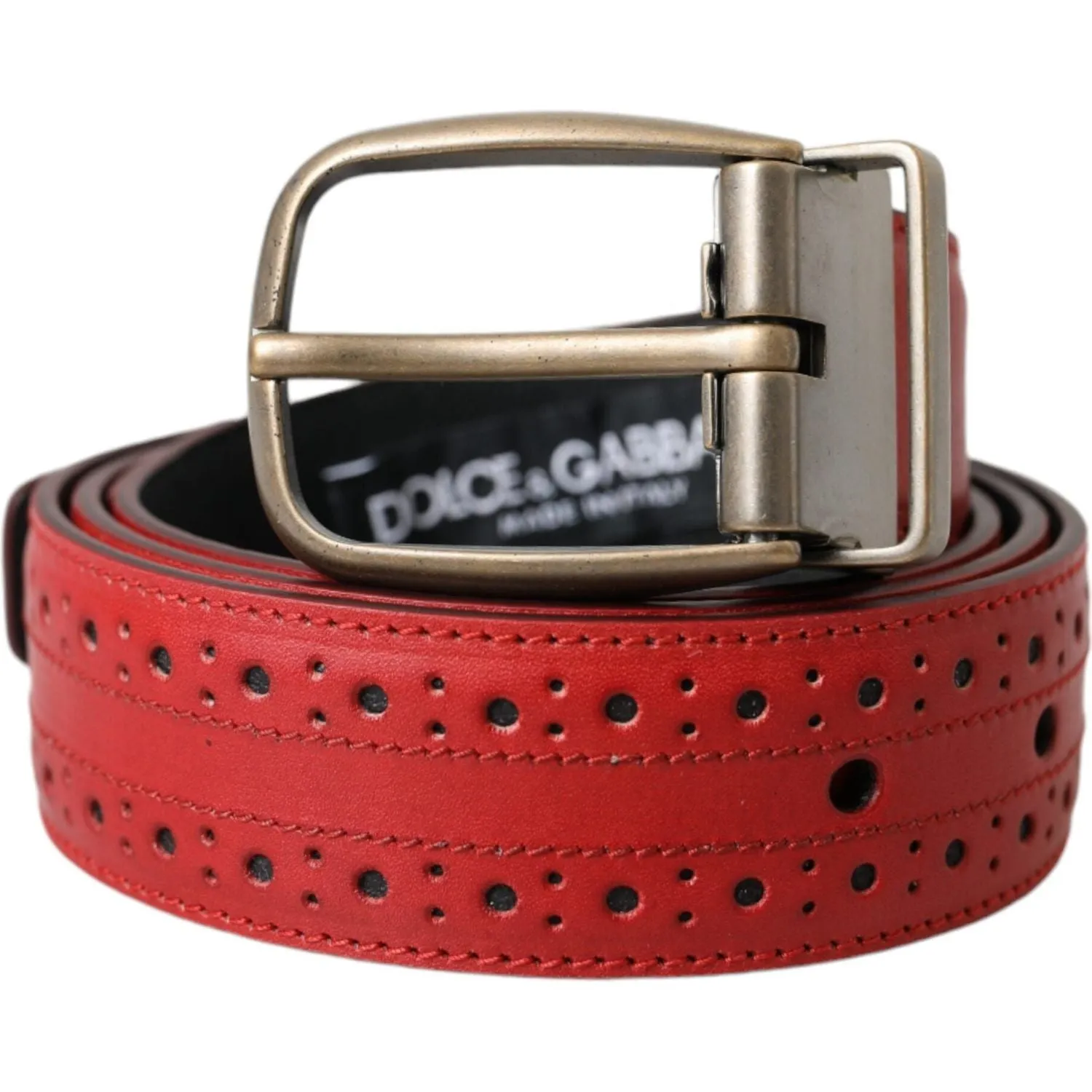 Dolce & Gabbana Red Perforated Leather Metal Buckle Belt Men