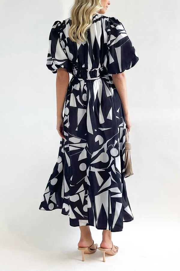 Elegant V-neck slim waist large swing skirt printed dress