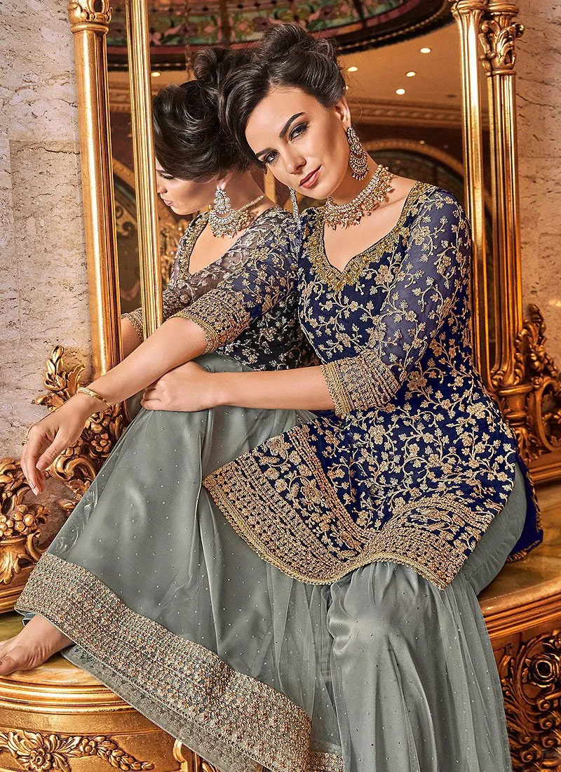 Fascinating Blue Floral Embroidered Straight Cut Sharara Suit