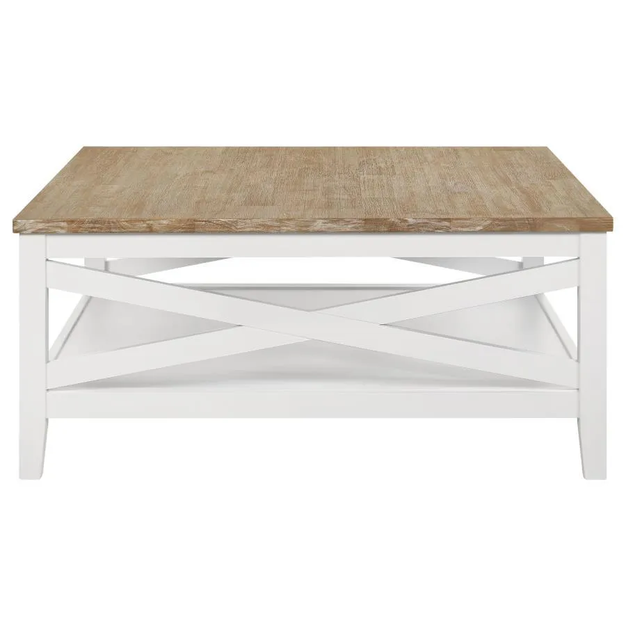 Hollis - Square Wood Coffee Table With Shelf - Brown And White