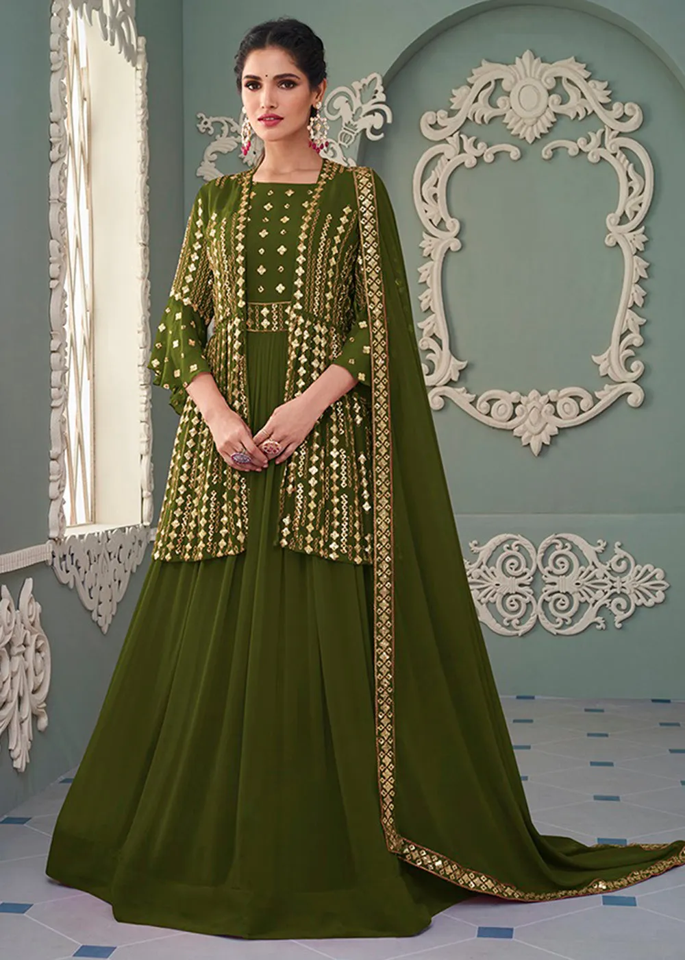 Jacket Style Lovely Green Embroidered Wedding Anarkali