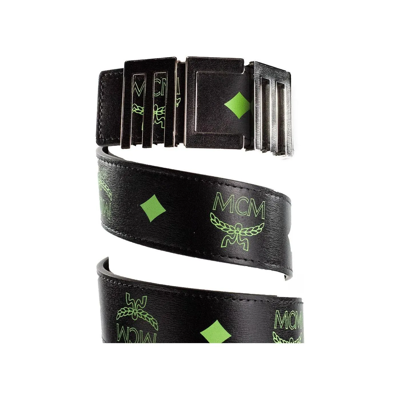 MCM Claus Mens Summer Green Smooth Visetos Logo Leather Numeric Buckle Belt