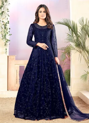 Net Navy Blue A Line Embroidered Anarkali Suit