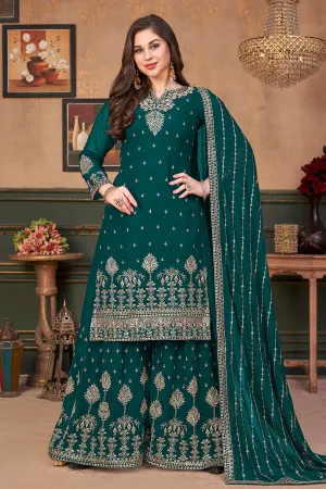 Pakistani Style Teal Green Embroidered Palazzo Salwar Suit