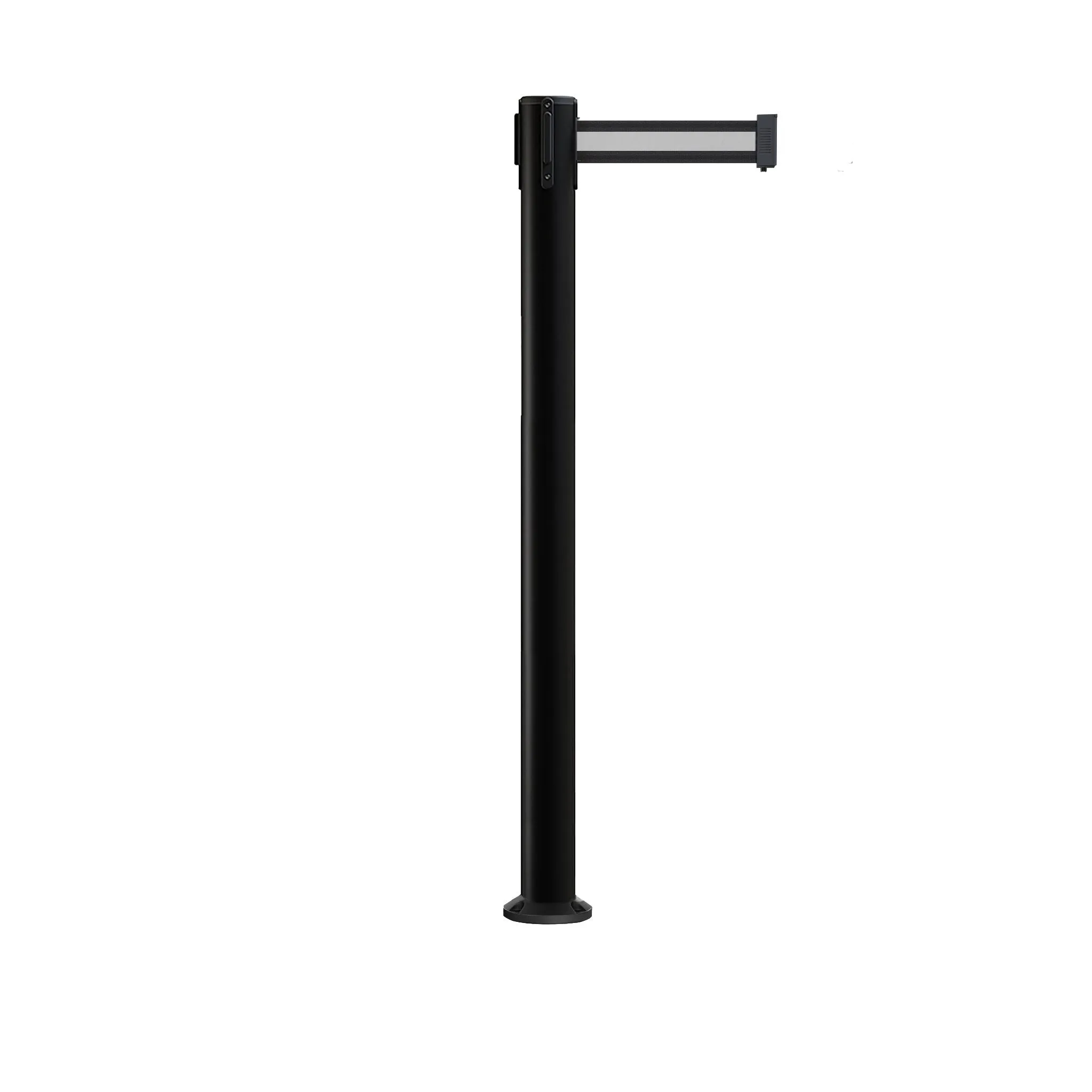 Retractable Belt Barrier Stanchion, Fixed Base, Black Post, 11 Ft. Belt - Montour Line MX630F