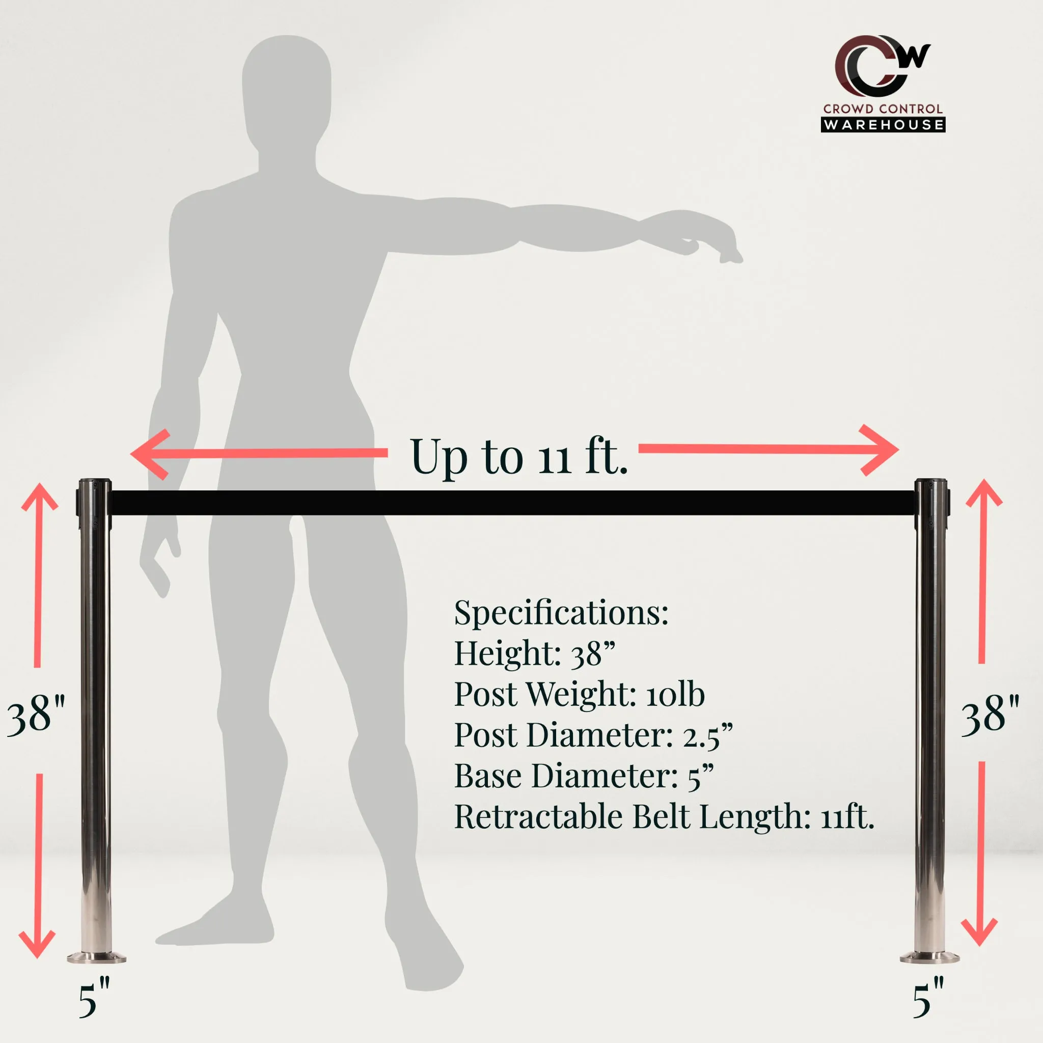 Retractable Belt Barrier Stanchion, Fixed Base, Black Post, 11 Ft. Belt - Montour Line MX630F