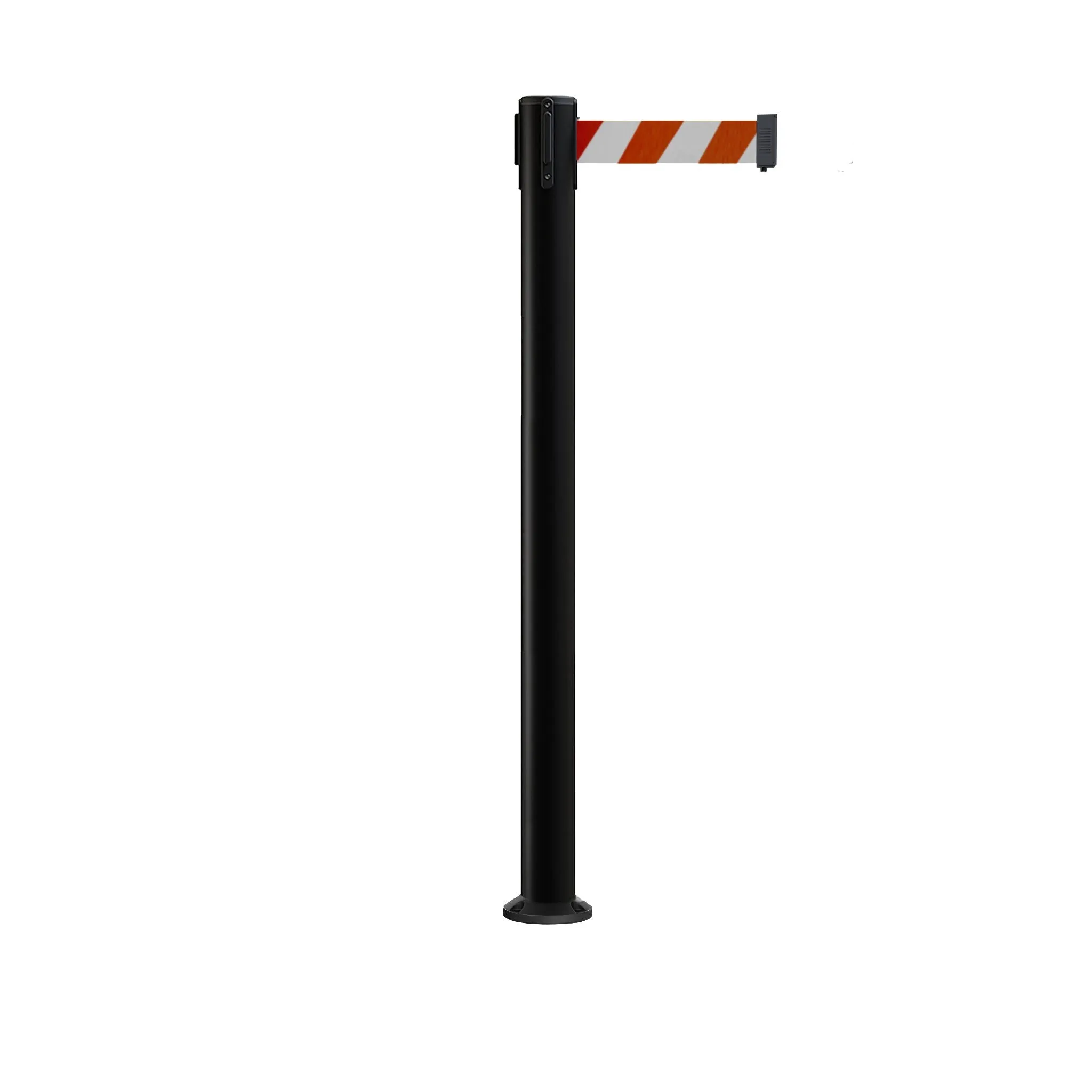 Retractable Belt Barrier Stanchion, Fixed Base, Black Post, 11 Ft. Belt - Montour Line MX630F