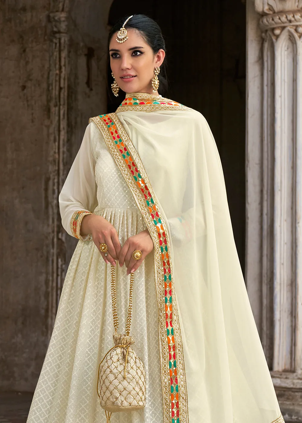 Sequins Embroidered Off White Georgette Traditional Anarkali