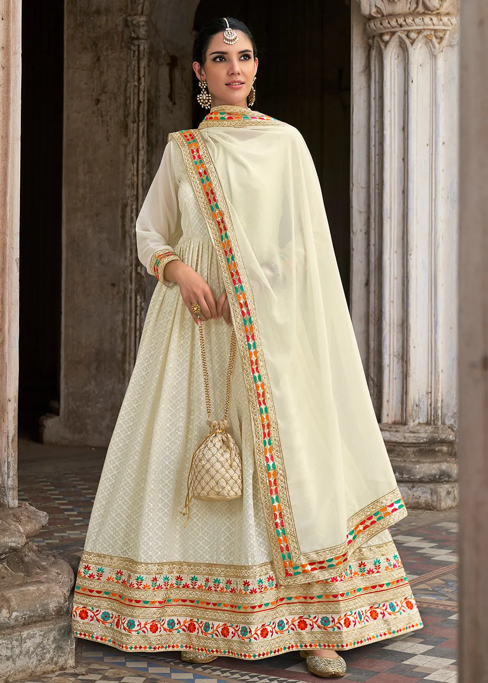 Sequins Embroidered Off White Georgette Traditional Anarkali