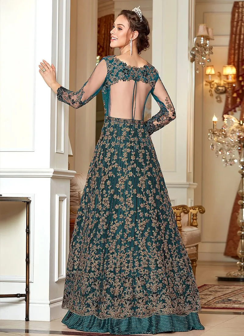 Splendid Teal Embroidered Net Lehenga Style Anarkali Suit