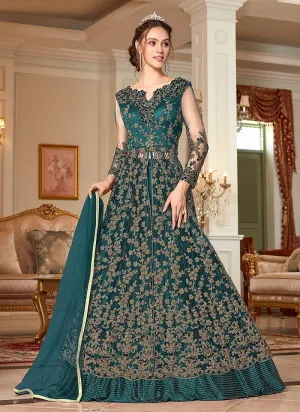 Splendid Teal Embroidered Net Lehenga Style Anarkali Suit