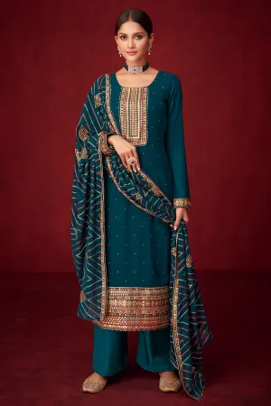 Teal Blue Sequins & Thread Embroidered Georgette Salwar Suit